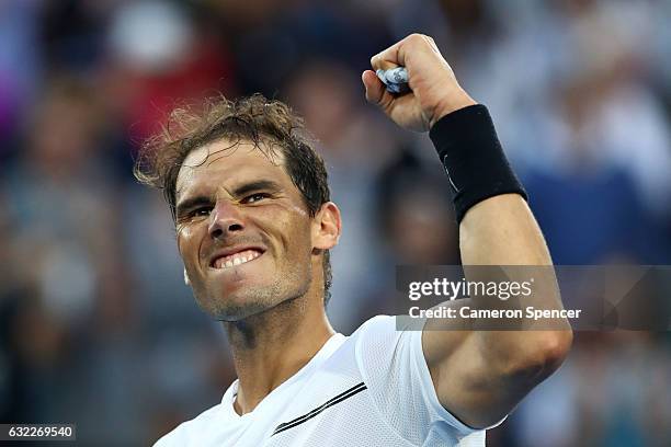 Rafael Nadal of Spain celebrates winning his third round match against Alexander Zverev of Germany on day six of the 2017 Australian Open at...