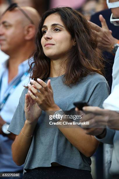 Xisca Perello, girlfriend of Rafael Nadal of Spain watches him play his third round match against Alexander Zverev of Germany on day six of the 2017...