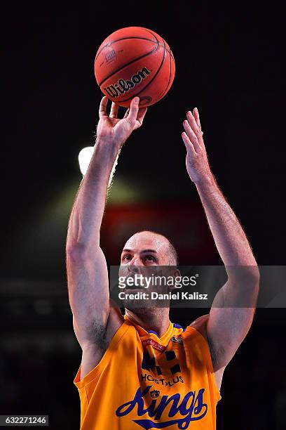 Aleks Maric of the Sydney Kings shoots a free throw during the round 16 NBL match between the Adelaide 36ers and the Sydney Kings at Titanium...