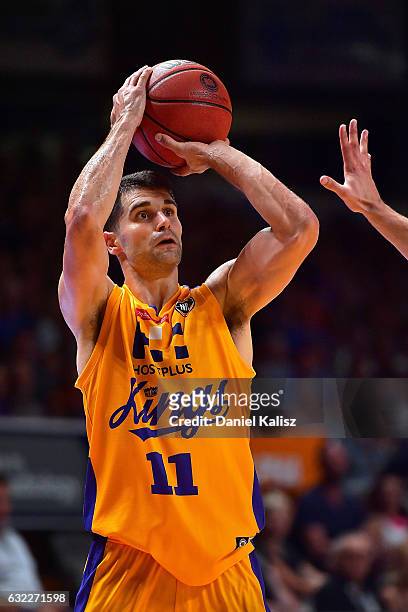 Kevin Lisch of the Sydney Kings shoots during the round 16 NBL match between the Adelaide 36ers and the Sydney Kings at Titanium Security Arena on...