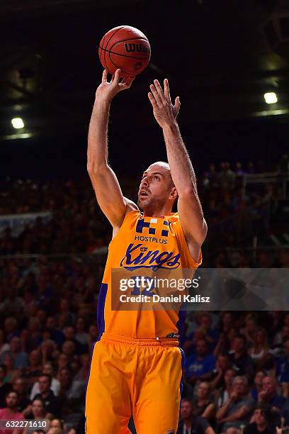 Aleks Maric of the Sydney Kings shoots during the round 16 NBL match between the Adelaide 36ers and the Sydney Kings at Titanium Security Arena on...