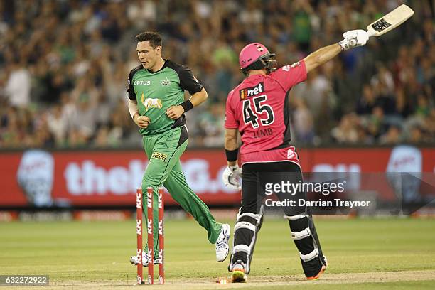 Scott Boland of the Melbourne Stars bowls Michael Lumb of the Sydney Sixers during the Big Bash League match between the Melbourne Stars and the...