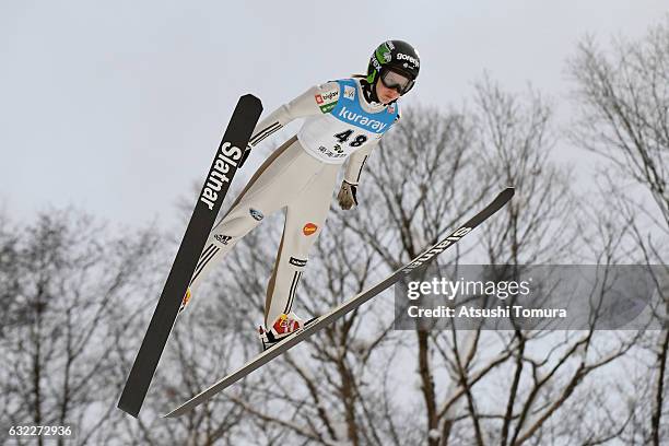 Ema Klinec of Slovenia competes in Ladies' HS106 during the FIS Ski Jumping World Cup Ladies 2017 In Zao at Zao Jump Stadium on January 21, 2017 in...