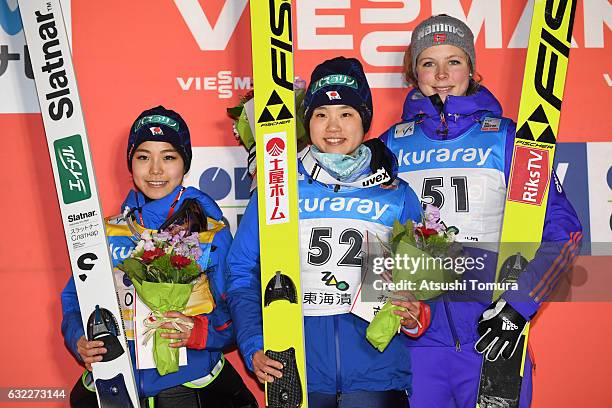 Sara Takanashi of Japan , Yuki Ito of Japan and Maren Lundby of Norway pose on the podium during the FIS Ski Jumping World Cup Ladies 2017 In Zao at...