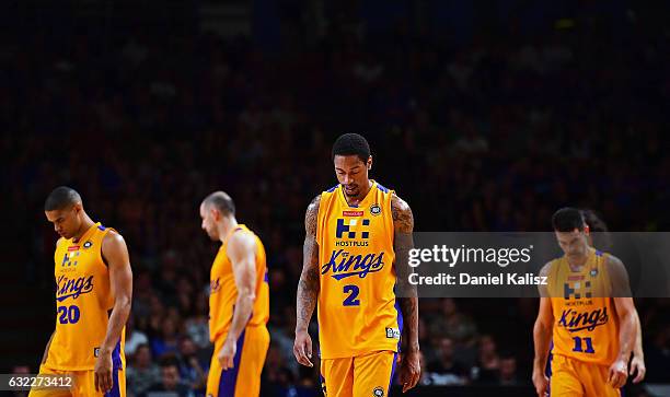 Greg Whittington of the Sydney Kings and his team mates walk off dejected during the round 16 NBL match between the Adelaide 36ers and the Sydney...
