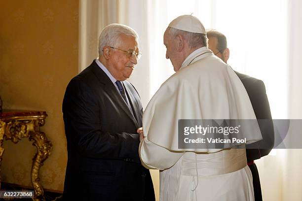 Pope Francis meets Palestinian President Mahmoud Abbas Abu Mazen at the Apostolic Palace on January 14, 2017 in Vatican City, Vatican. During the...