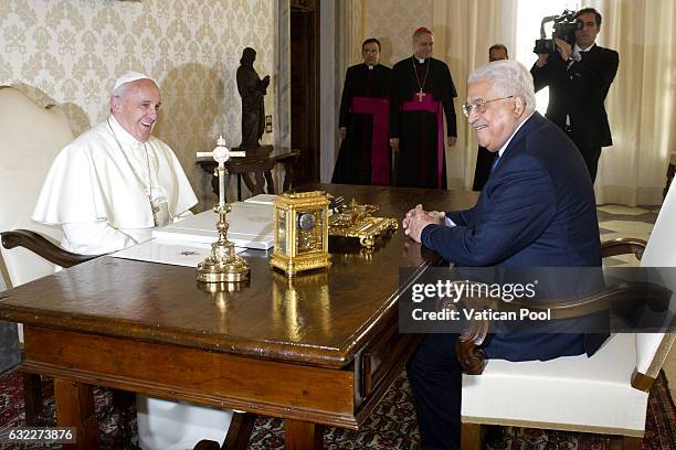 Pope Francis meets Palestinian President Mahmoud Abbas Abu Mazen at the Apostolic Palace on January 14, 2017 in Vatican City, Vatican. During the...