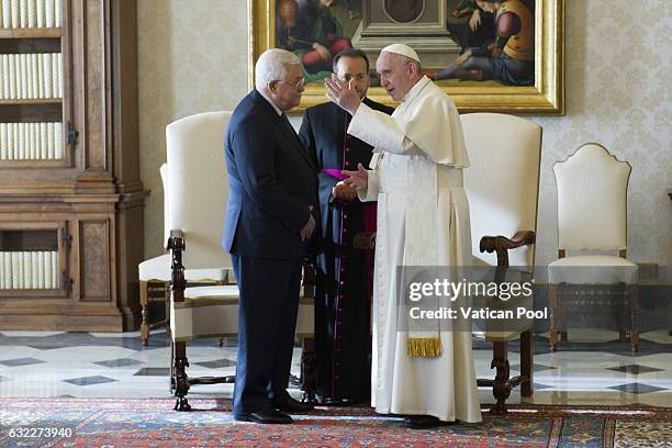 Pope Francis meets Palestinian President Mahmoud Abbas Abu Mazen at the Apostolic Palace on January 14, 2017 in Vatican City, Vatican. During the...