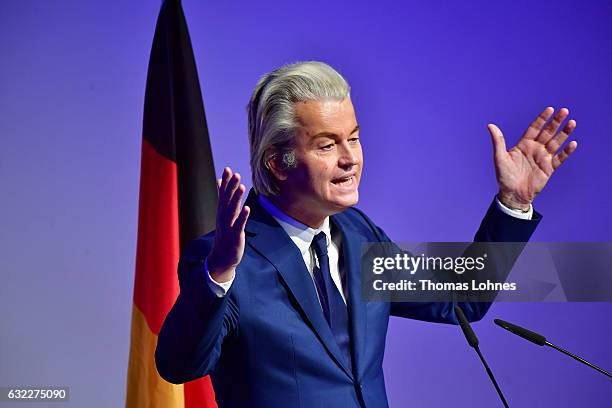 Geert Wilders, leader of the Dutch PVV political party speaks at a conference of European right-wing parties on January 21, 2017 in Koblenz, Germany....