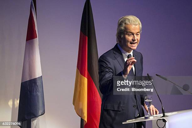 Geert Wilders, leader of the Dutch Freedom Party, gestures as he speaks during a Europe of Nations and Freedom meeting in Koblenz, Germany, on...