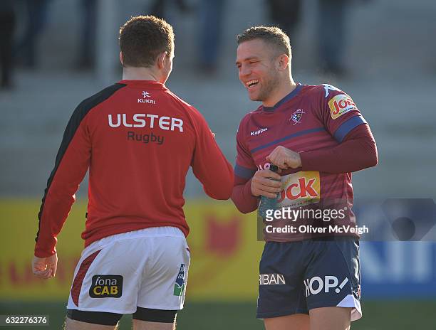 Belfast , Ireland - 21 January 2017; Paddy Jackson of Ulster and Ian Madigan of Bordeaux-Begles meet before the European Rugby Champions Cup Pool 5...