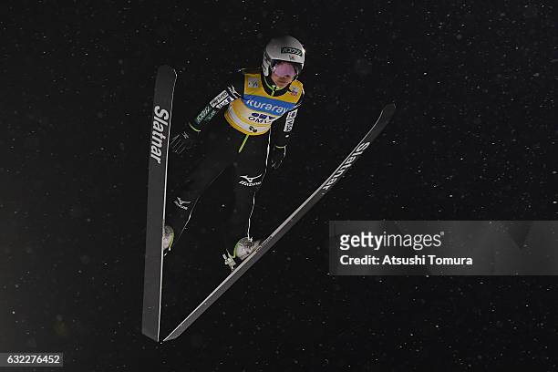 Sara Takanashi of Japan competes in Ladies' HS106 during the FIS Ski Jumping World Cup Ladies 2017 In Zao at Zao Jump Stadium on January 21, 2017 in...