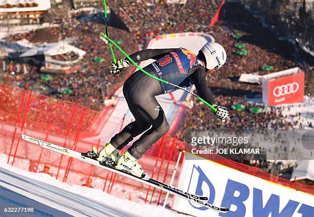 Johan Clarey of France competes in the FIS World Cup men's downhill race at Hahnenkamm in Kitzbuehel, Austria, on January 21, 2017. Italy's Dominik...