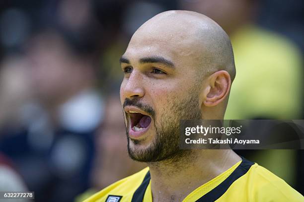 Robert Sacre of the SunRockers reacts during the B League match between Hitachi SunRockers Tokyo-Shibuya and Sendai 89ers at Aoyama Gakuin University...