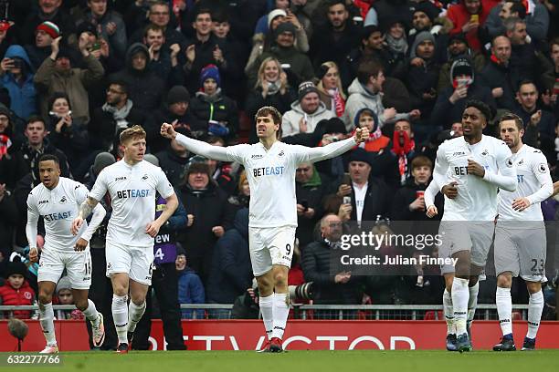 Fernando Llorente of Swansea City celebrates scoring his sides second goal during the Premier League match between Liverpool and Swansea City at...