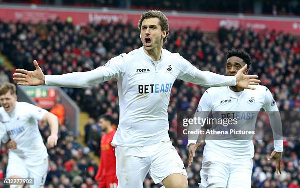 Fernando Llorente of Swansea City celebrates scoring his sides first goal of the match during the Premier League match between Liverpool and Swansea...