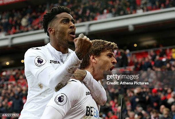 Fernando Llorente of Swansea City celebrates scoring his sides first goal of the match during the Premier League match between Liverpool and Swansea...
