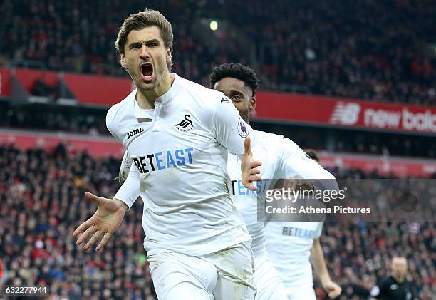 Fernando Llorente of Swansea City celebrates scoring his sides first goal of the match during the Premier League match between Liverpool and Swansea...
