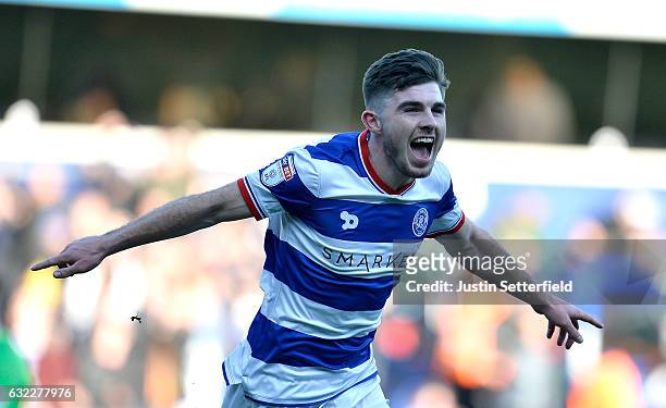 Ryan Manning of Queens Park Rangers celebrates scoring his sides first goal during the Sky Bet Championship match between Queens Park Rangers and...
