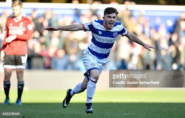 Ryan Manning of Queens Park Rangers celebrates scoring his sides first goal during the Sky Bet Championship match between Queens Park Rangers and...