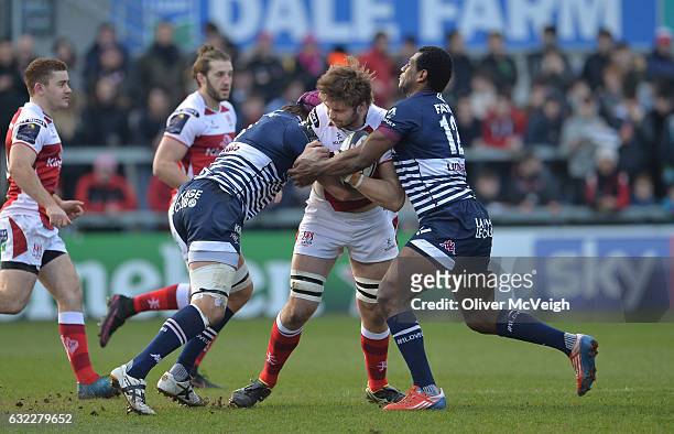 Belfast , Ireland - 21 January 2017; Iain Henderson of Ulster in action against Jean-Baptiste Dubié and Joe Wakacegu of Bordeaux-Begles during the...