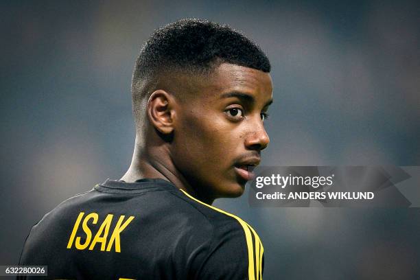 Picture taken on November 6, 2016 shows Swedish football player Alexander Isak of AIK during a Swedish soccer league match between AIK and Kalmar FF...