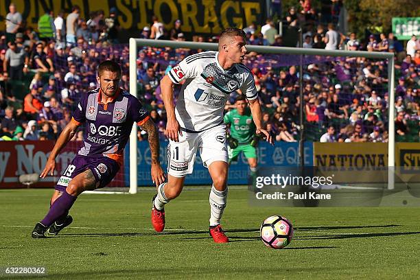 Mitch Austin of the Victory looks to pass the ball during the round 16 A-League match between Perth Glory and Melbourne Victory at nib Stadium on...