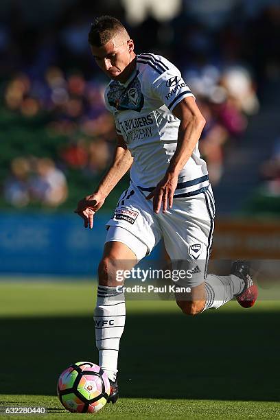 Mitch Austin of the Victory controls the ball during the round 16 A-League match between Perth Glory and Melbourne Victory at nib Stadium on January...