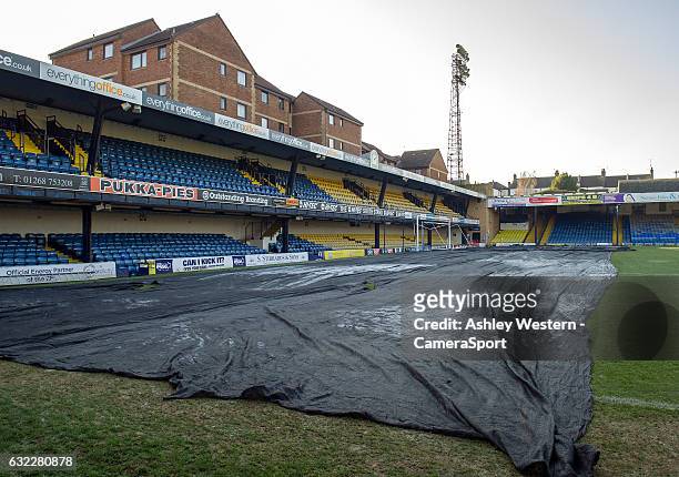 General view of Roots Hall, home of Southend United showing the frozen home end causing the postponement of the game against Bolton Wanderers before...