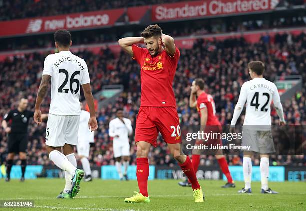 Adam Lallana of Liverpool reacts during the Premier League match between Liverpool and Swansea City at Anfield on January 21, 2017 in Liverpool,...