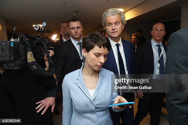 Geert Wilders, leader of the Dutch PVV political party, and Frauke Petry, leader of the Alternative for Germany political party, arrive to speak to...