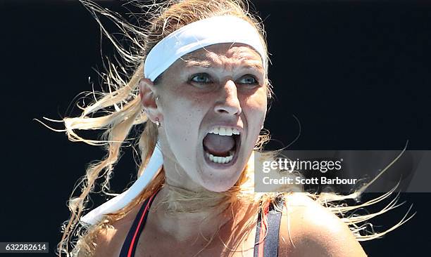 Dominika Cibulkova of Slovakia celebrates in her third round match against Ekaterina Makarova of Russia on day six of the 2017 Australian Open at...