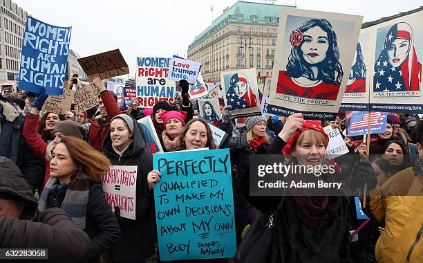 Predominently women participants demonstrate in front of the United States Embassy and Brandenburg Gate one day after the inauguration of U.S....