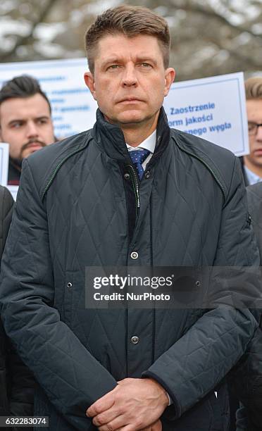 Ryszard Petru, the leader of Nowoczesna political party outside Wawel Castle during a Dekalog Antysmogowy photocall on a day when the Air Quality...