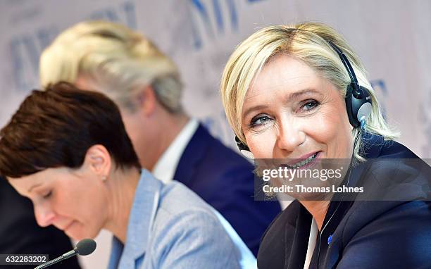 Frauke Petry and Marine Le Pen speak to the media during a conference of European right-wing parties on January 21, 2017 in Koblenz, Germany. In an...