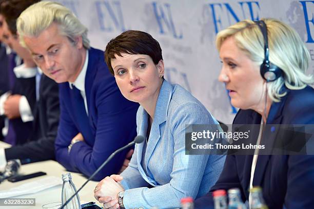 Geert Wilders , Frauke Petry and Marine Le Pen speak to the media during a conference of European right-wing parties on January 21, 2017 in Koblenz,...