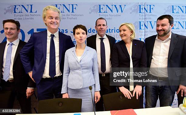 Marcus Pretzell , Geert Wilders , Frauke Petry , Harald Vilimsky , Marine Le Pen and Matteo Salvini pictured at a conference of European right-wing...