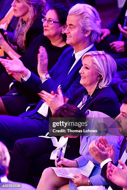 Geert Wilders , Marine Le Pen and Frauke Petry and speak to the media during a conference of European right-wing parties on January 21, 2017 in...