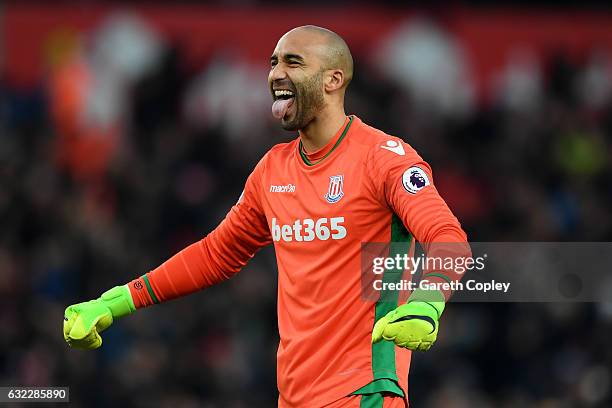 Lee Grant of Stoke City celebrates his sides goal during the Premier League match between Stoke City and Manchester United at Bet365 Stadium on...