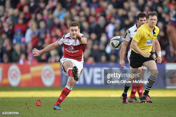 Belfast , Ireland - 21 January 2017; Paddy Jackson of Ulster kicking a penalty during the European Rugby Champions Cup Pool 5 Round 6 match between...