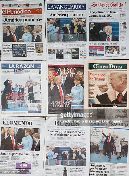 An arrangement of Spanish newspapers show U.S. President Donald Trump on the front pages the day after his inauguration on January 21, 2017 in...
