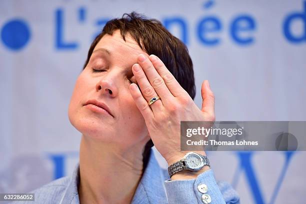 Frauke Petry, leader of the Alternative fuer Deutschland political party, speaks to the media during a conference of European right-wing parties on...