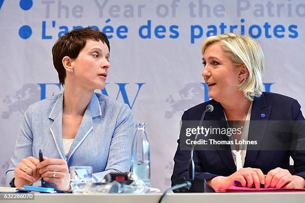 Frauke Petry and Marine Le Pen speak to the media during a conference of European right-wing parties on January 21, 2017 in Koblenz, Germany. In an...