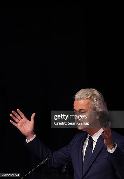 Geert Wilders, leader of the Dutch PVV political party, speaks at a conference of European right-wing parties on January 21, 2017 in Koblenz,...