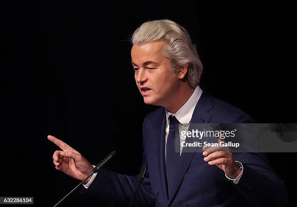Geert Wilders, leader of the Dutch PVV political party, speaks at a conference of European right-wing parties on January 21, 2017 in Koblenz,...