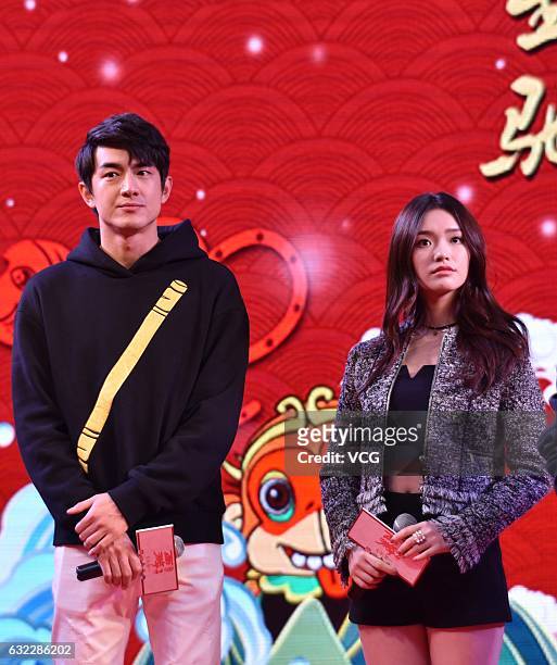 Actor Lin Gengxin and actress Lin Yun promote director Hark Tusi's film "Journey to the West: the Demons Strike Back" on January 21, 2017 in Chengdu,...