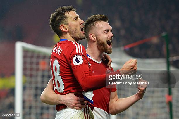 Cristhian Stuani of Middlesbrough celebrates scoring his sides first goal with Calum Chambers of Middlesbrough during the Premier League match...
