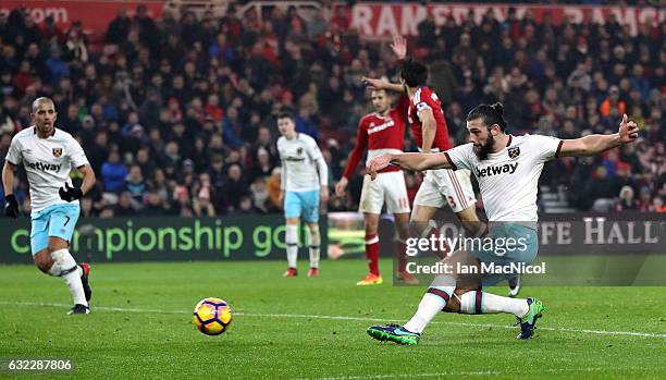 Andy Carroll of West Ham United scores his sides second goal during the Premier League match between Middlesbrough and West Ham United at the...