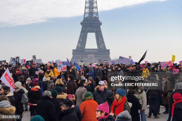 Demonstrators gather for a rally in solidarity with supporters of the Women's March in Washington and many other cities on January 21, 2017 at the...