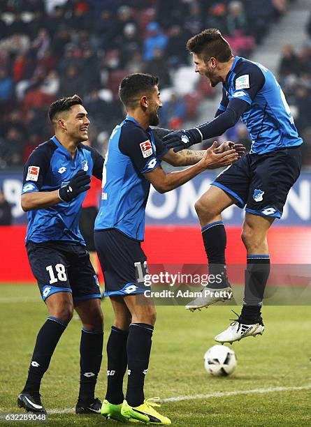 Hoffenheim celebrates after scoring the second goal during the Bundesliga match between FC Augsburg and TSG 1899 Hoffenheim at WWK Arena on January...